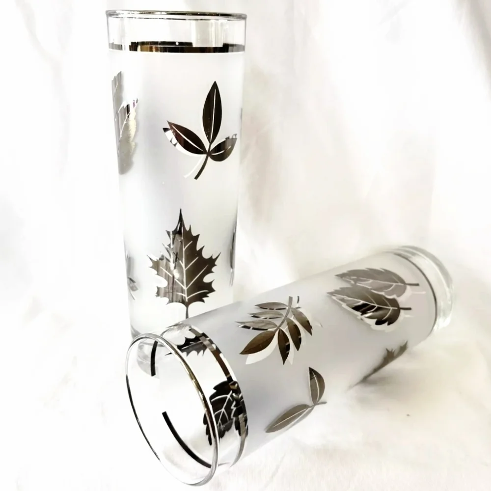 4 Vintage Libbey Metalli Silver Oak Leaves Frosted Collins Glasses 7